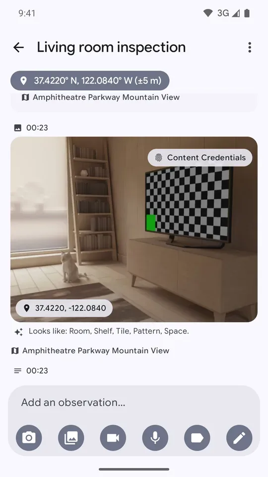 ProvoLog note timeline with a GPS chip and a photo marked Content Credentials