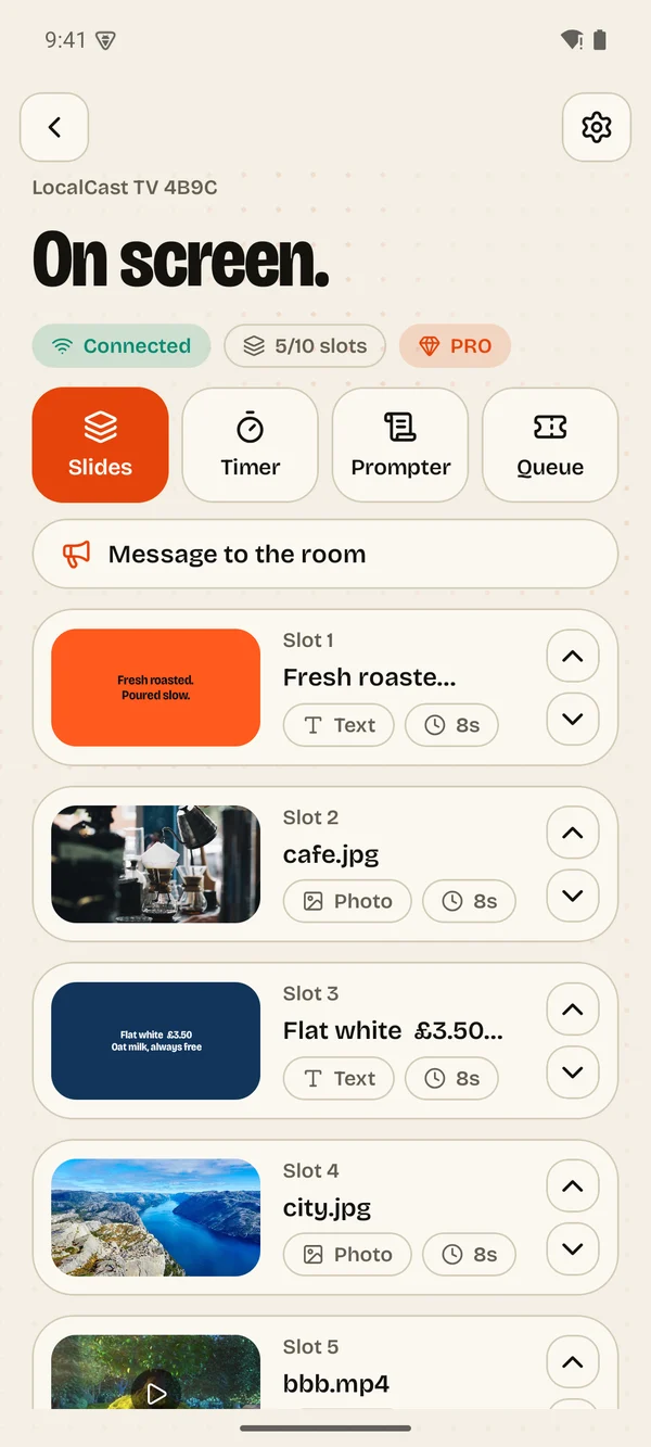 The LocalCast phone app listing the slides on the TV