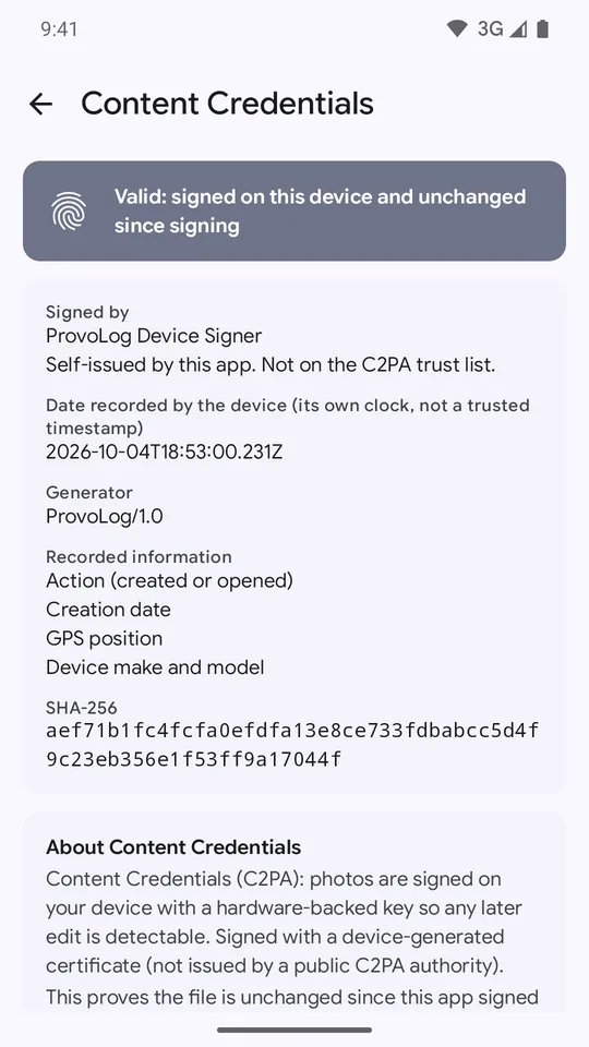 Content Credentials screen reading valid: signed on this device and unchanged since signing