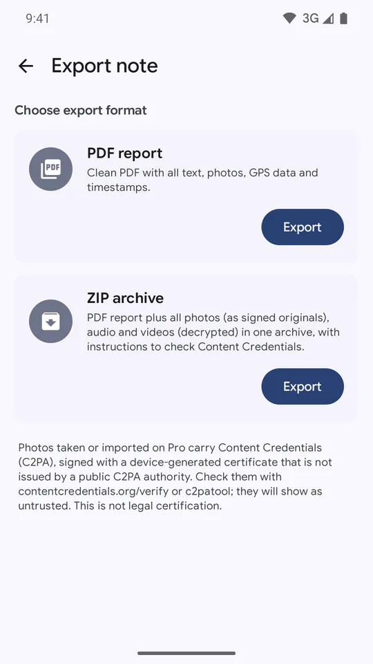 Export note screen offering a PDF report and a ZIP archive
