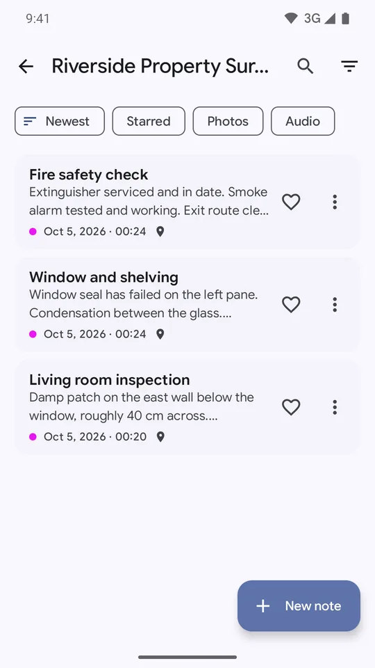 Note list for a property survey with filters for newest, starred, photos and audio