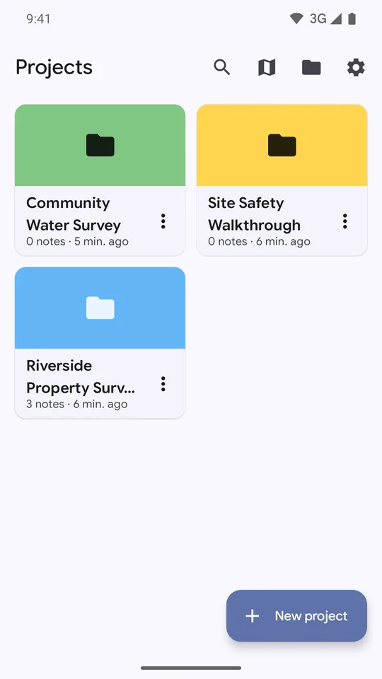 ProvoLog project list with three colour-coded projects