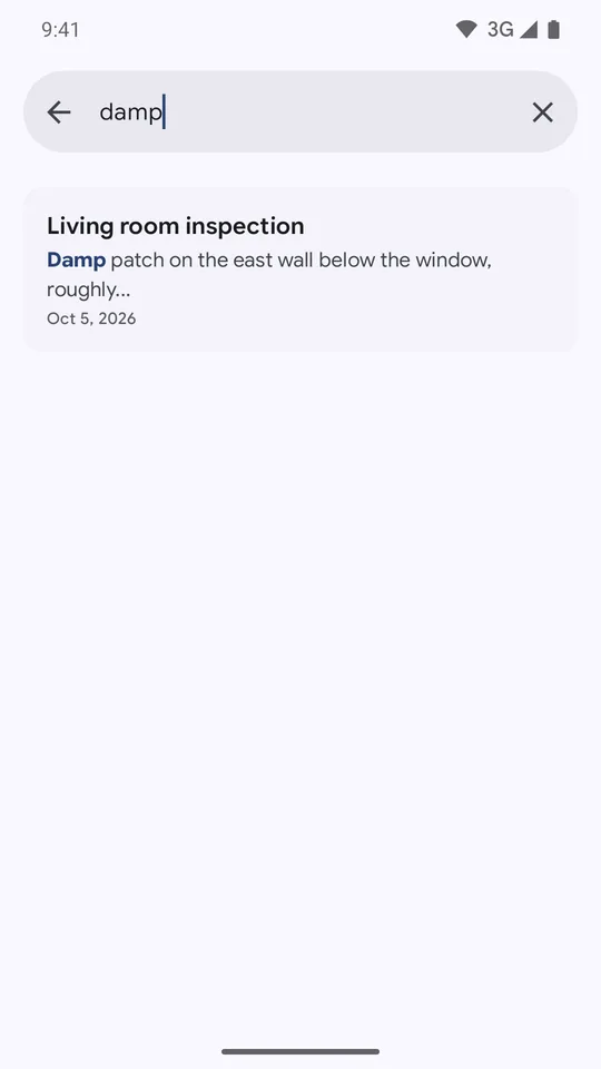 Search screen with the query damp and one matching note highlighted