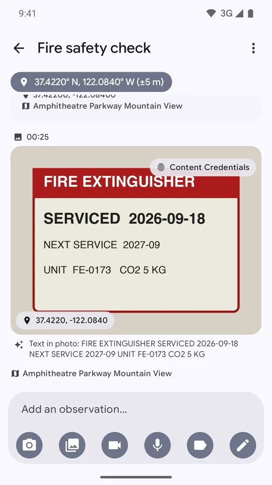 A photo of a fire extinguisher label with the recognised text, serviced 2026-09-18, shown beneath it