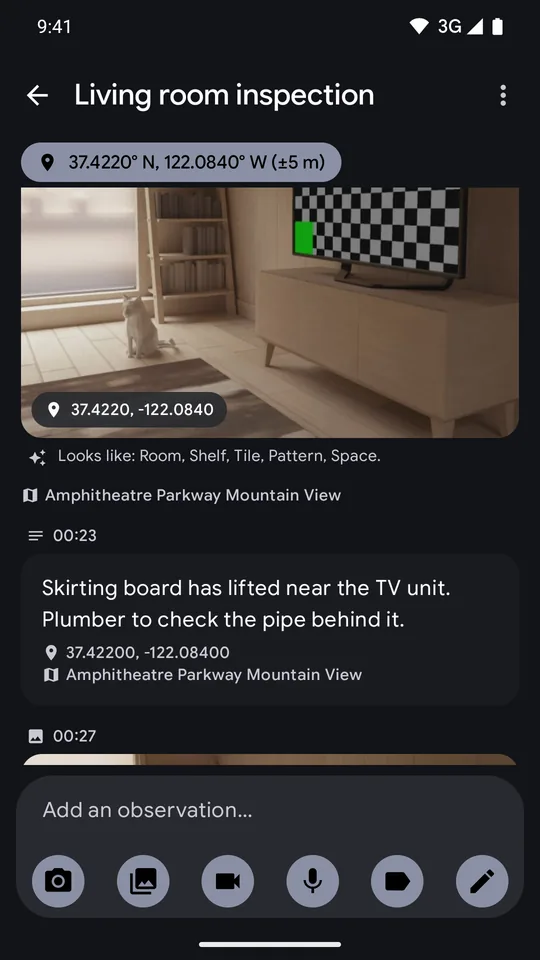 ProvoLog note timeline in dark theme with a GPS chip and a photo