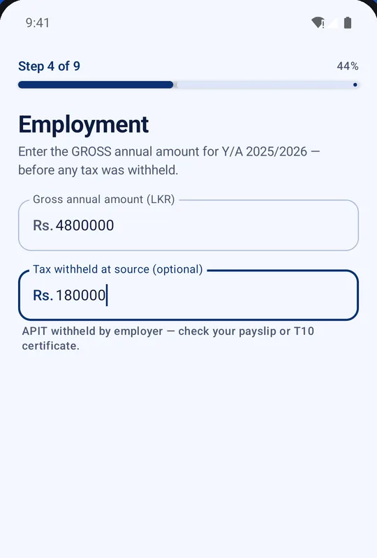 Employment screen asking for gross annual amount and tax withheld at source