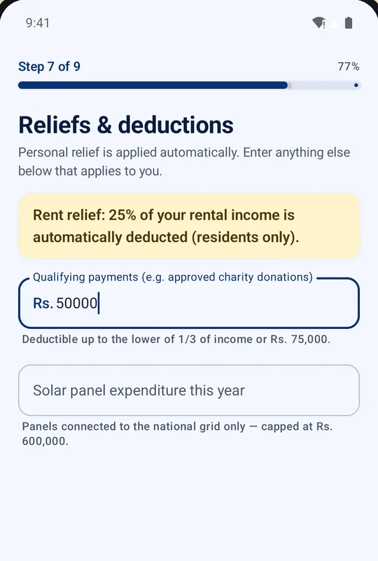 Reliefs and deductions screen noting rent relief is applied automatically, with fields for qualifying payments and solar panel expenditure