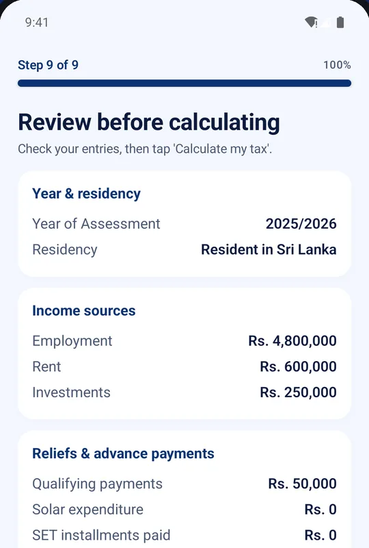 Review screen summarising year, residency, income sources and reliefs before calculating