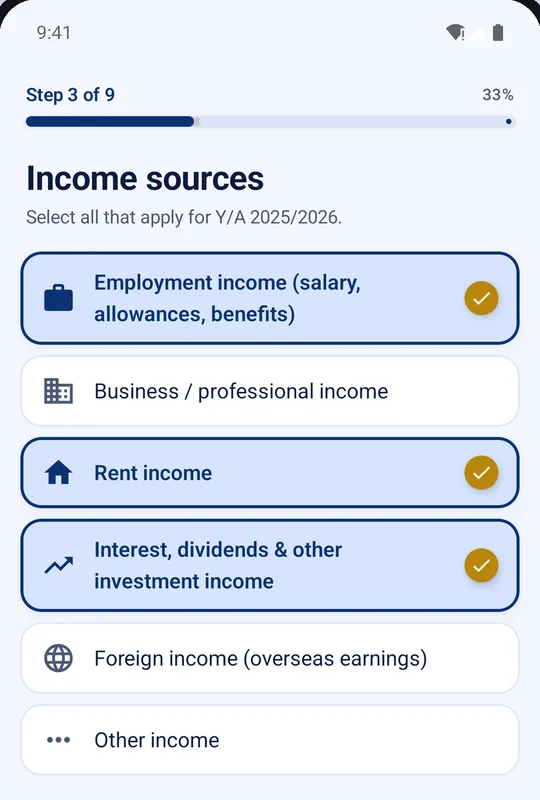 Income sources screen with employment, rent and investment income selected
