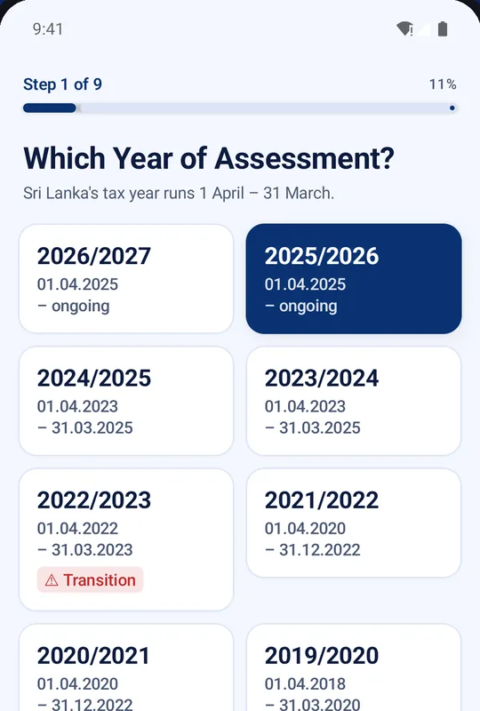 Year of Assessment screen listing 2026/2027 down to 2018/2019, with 2025/2026 selected and 2022/2023 marked Transition